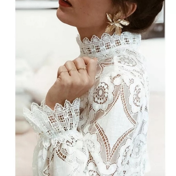 NEW Girlie Glam White Lace Cotton Top Long Sleeve White Retro Vintage - Picture 5 of 15